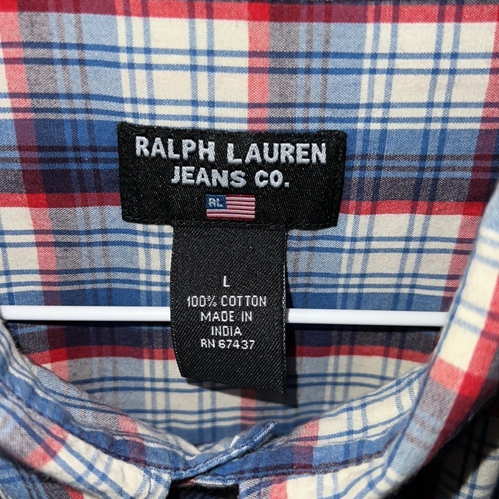 Ralph Lauren Jeans Co Mens Long Sleeve Shirt Blue White Red Plaid Size Large - Picture 7 of 8